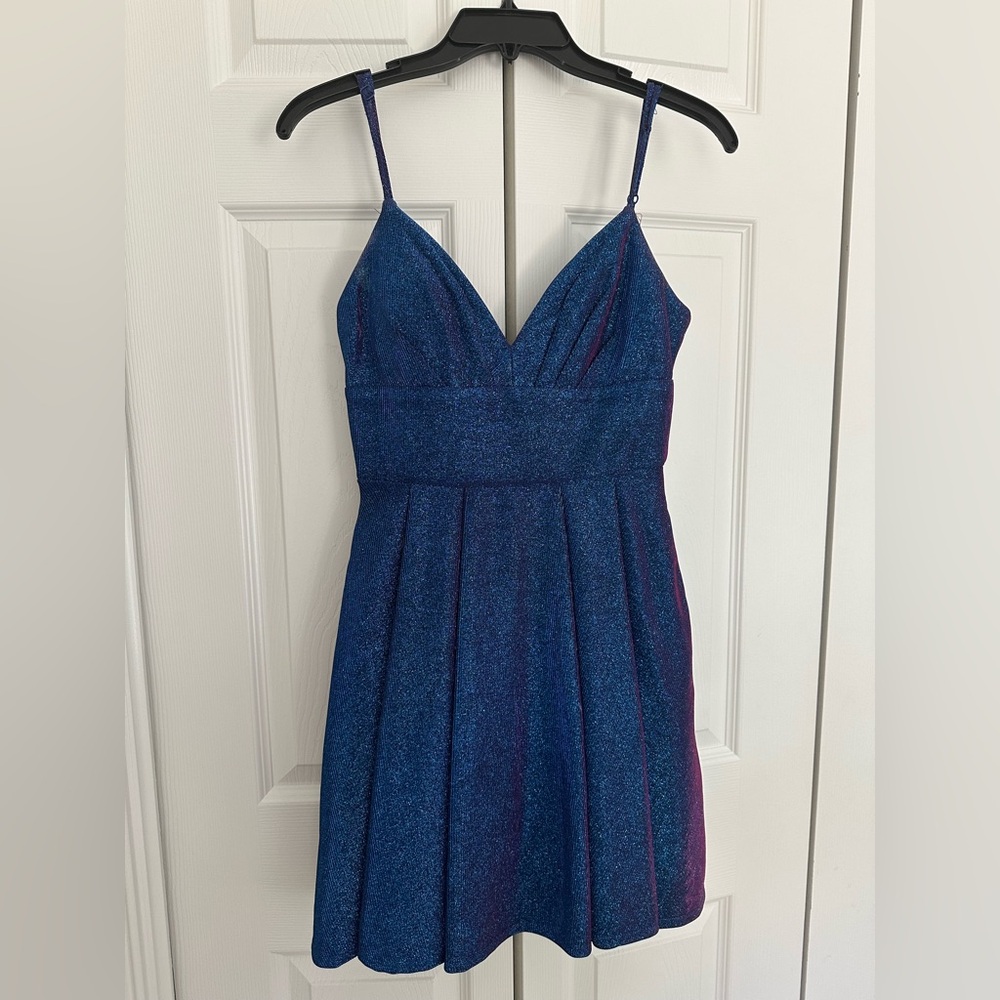 B Darlin Sparkly Blue Juniors' Glitter-Knit Skater Party Dress - Picture 3 of 7